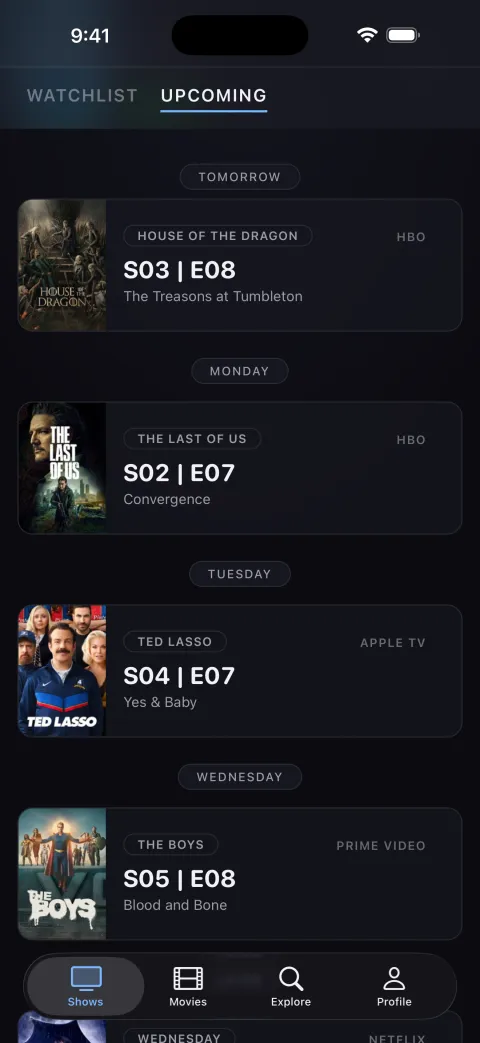 Upcoming episodes for the coming days